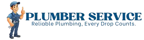 Plumber Service logo with cartoon plumber giving thumbs up