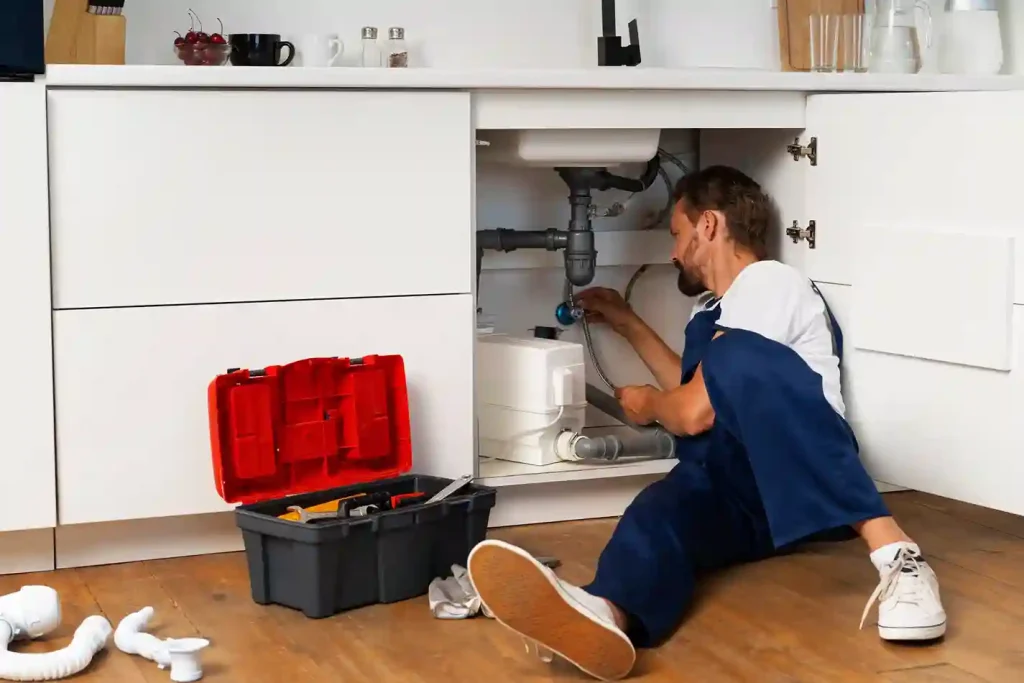 Plumber repairing kitchen sink pipes under the cabinet