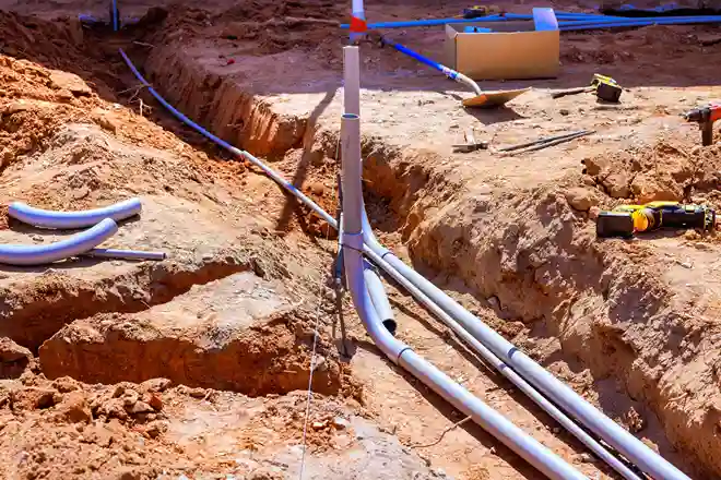 Underground plumbing pipe installation at a construction site