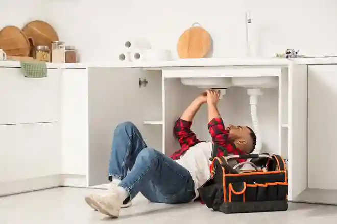 Plumber repairing a kitchen sink pipe