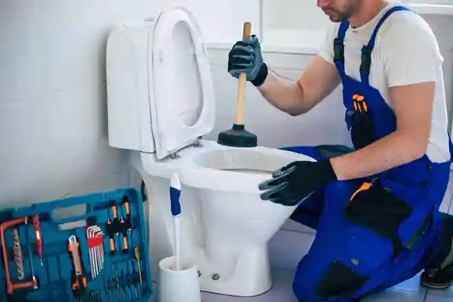 Plumber unclogging a blocked toilet with a plunger