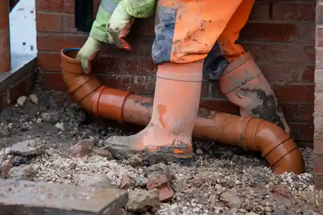 Workers installing underground drain pipes