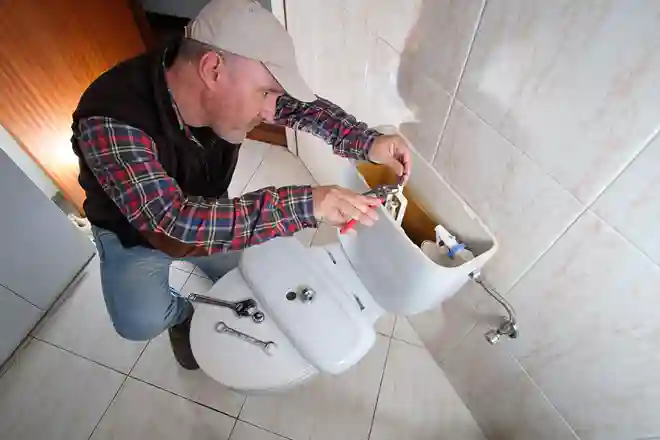 Plumber repairing toilet tank